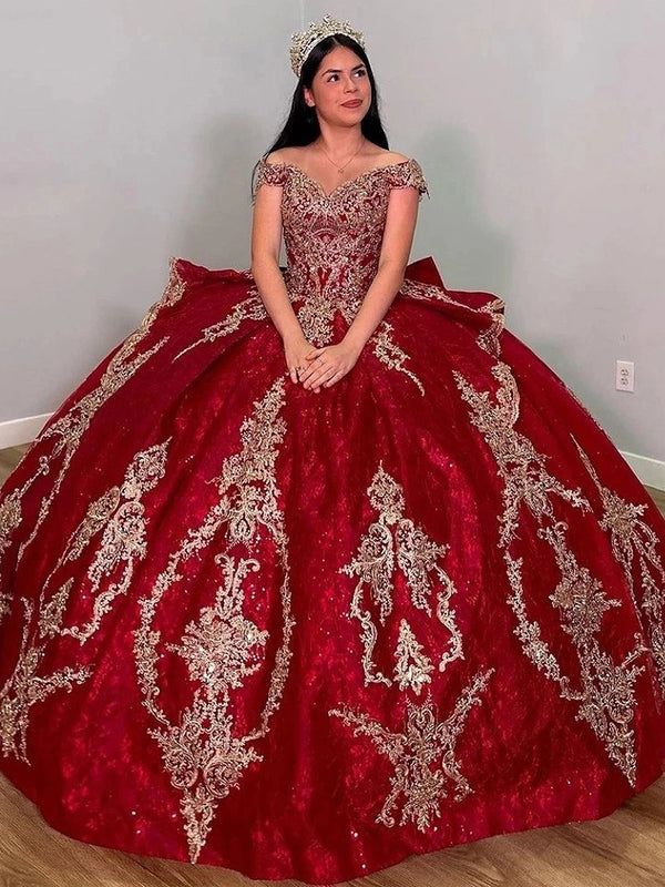 Funkelnde rote Quinceanera-Kleider mit Ballkleid und Schleife, Perlenapplikationen aus Spitze, schulterfrei, gestufte Rüschen, Geburtstags-, Abschlussball- und Partykleider