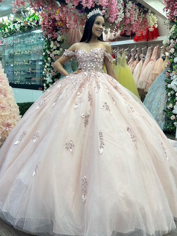 Prinzessin Rosa Quinceanera Kleider 2024 Spitze Appliques Off Schulter Schatz Perlen Schnürung Korsett Kleid Sparkly Prom Party Sweet 16 Kleider