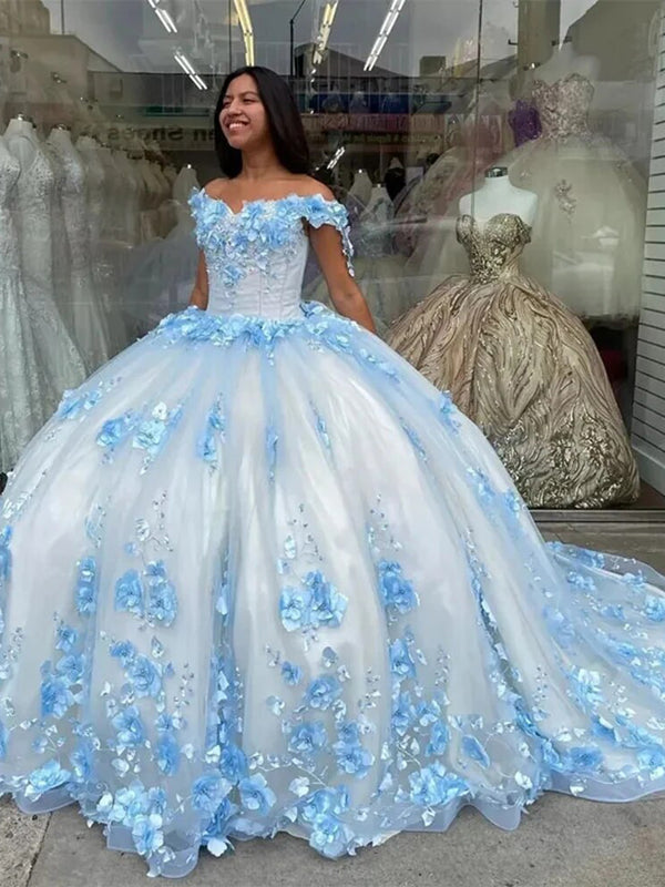 Himmelblaue Prinzessin Quinceanera Kleider Schulterfreies Ballkleid 3D Blumen Applikationen Perlen Lange Schleppe Schnürkorsett Ballkleid Sweet 16 Kleid