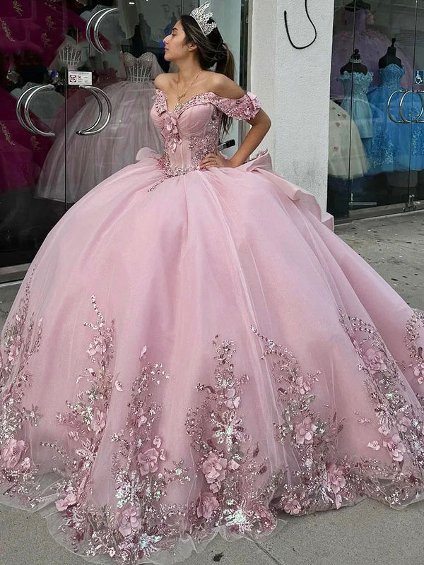 Funkelnde rosa Quinceanera-Kleider mit Herzausschnitt, schulterfrei, Blumen, Applikationen, Perlen, Korsett, abgestufte Rüschen, Party, Sweet 16, Ballkleid, Abschlussballkleider