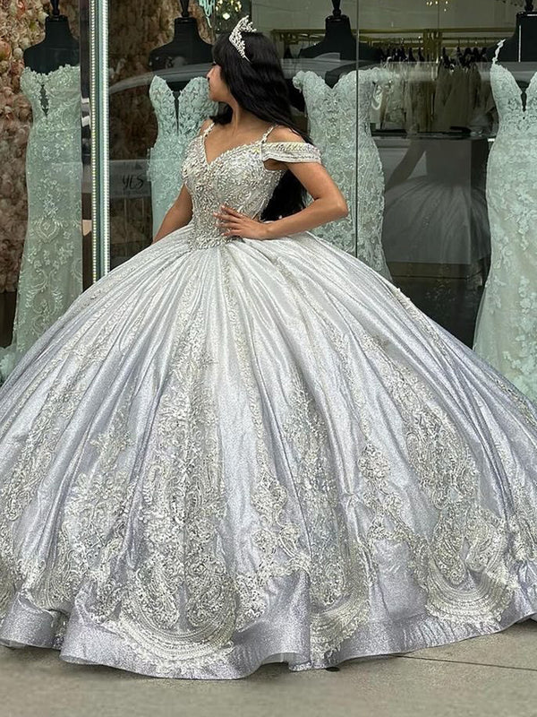Elegante silberne Spitzenapplikationen Quinceanera-Kleider Ballkleid Schulterfrei Perlen Korsett Prinzessin Prom Sixteen Sweet 16 Kleid Geburtstagsparty Kleider