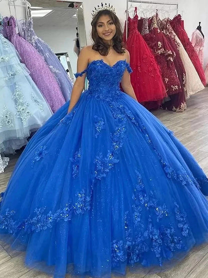 Schulterfrei Königsblau Ballkleid Quinceanera Kleider Schatz Blumen Applikationen Perlen Tüll Sweet 15 16 Prinzessin Abschlussball Partykleid