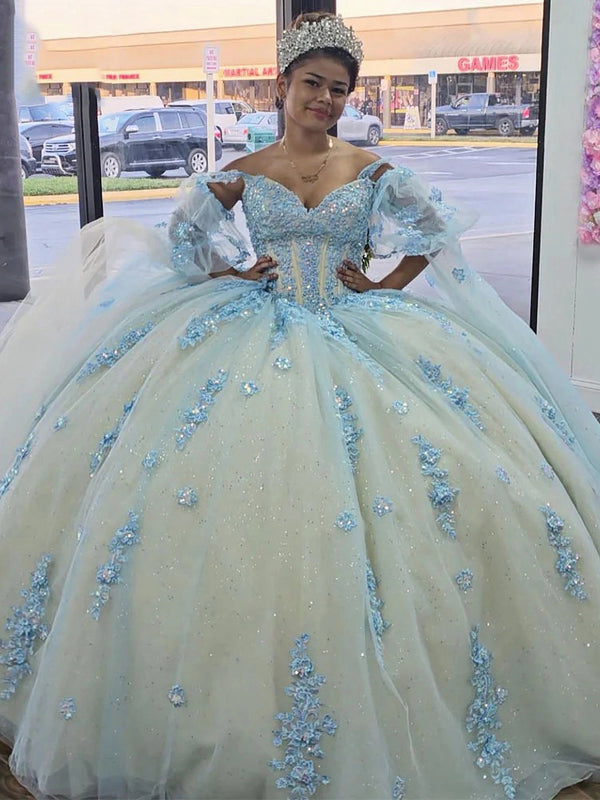 Funkelndes himmelblaues Quinceanera-Kleid, Ballkleid, Champagner-Futter, Spitzenapplikationen, Perlenkorsett, schulterfrei, Glitzer-Tüll, Prinzessinnen-Party, Sweet 16-Kleid