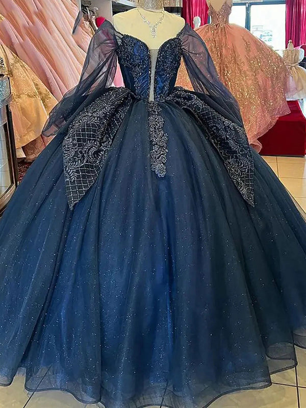 WQ1212 - Vestido de fiesta sencillo e informal con hombros descubiertos, mangas largas, apliques de encaje, volantes escalonados, vestido de quinceañera de tul azul marino, vestido de princesa para fiesta de cumpleaños de 16 años