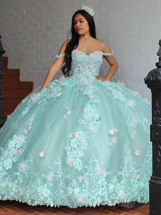 Off Shoulder Princess Quinceanera Dresses Flowers Lace Appliques Beaded Tiered Tulle Sweet 16 Dress Prom Birthday Party Gowns