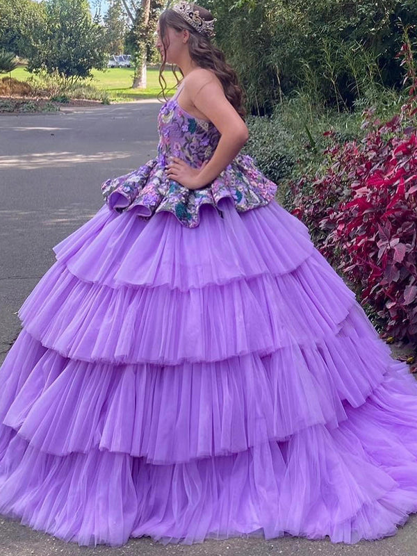 Lavendel Quinceanera Kleider Stufen Tüll Prinzessin Ballkleid Blumen Applikationen Spaghettiträger Rüschen Abschlussball Partykleid Sweet 16 Kleid