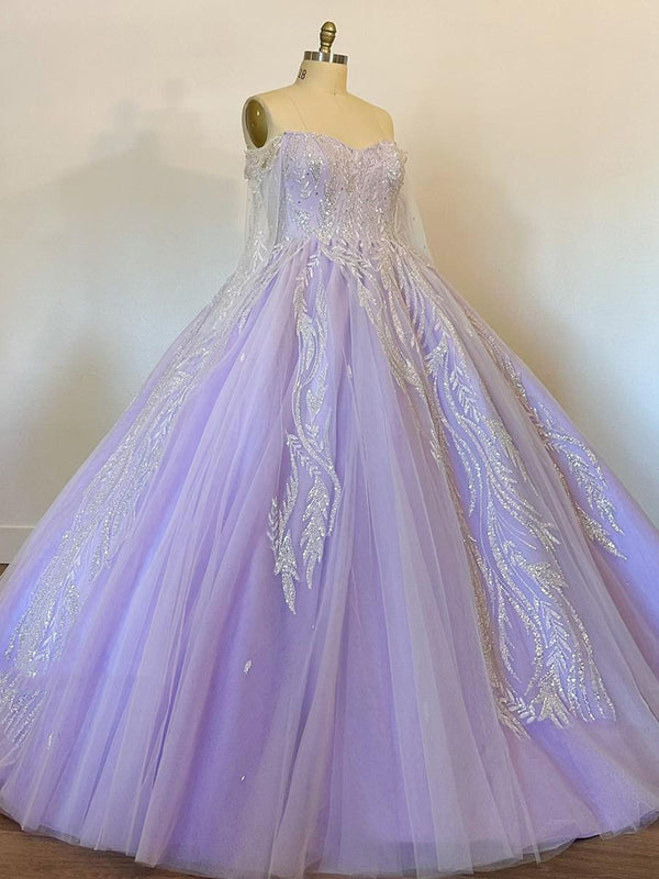 WQ1074 - Elegante vestido de fiesta con hombros descubiertos, mangas largas, apliques de encaje, tul lavanda, vestido de princesa para quinceañera, vestido de noche para dulces 16
