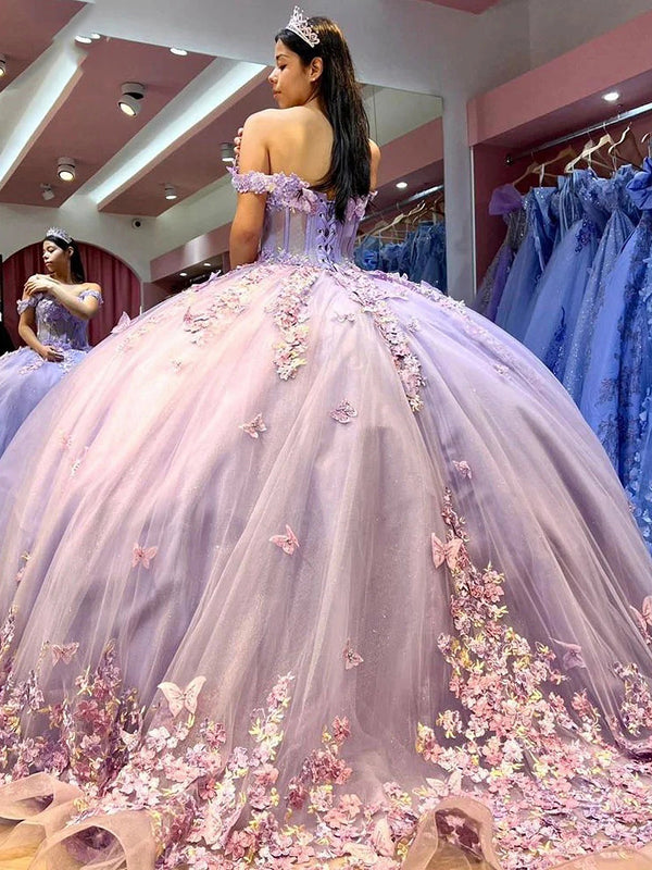 WQ1180 - Elegante y clásico vestido de fiesta con hombros descubiertos, encaje con cuentas y apliques de mariposas, tul lavanda, vestido de quinceañera, vestido de princesa para fiesta de noche de dulces 16
