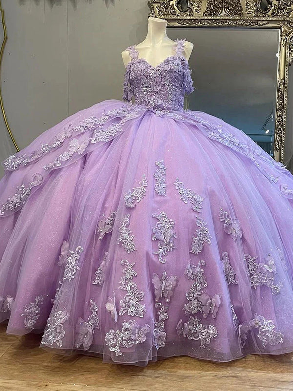 WQ1199 - Elegante y bonito vestido de fiesta con hombros descubiertos, apliques de encaje, cuentas, volantes escalonados, tul lila, vestido de quinceañera, fiesta de cumpleaños, vestido de princesa para dulces 16