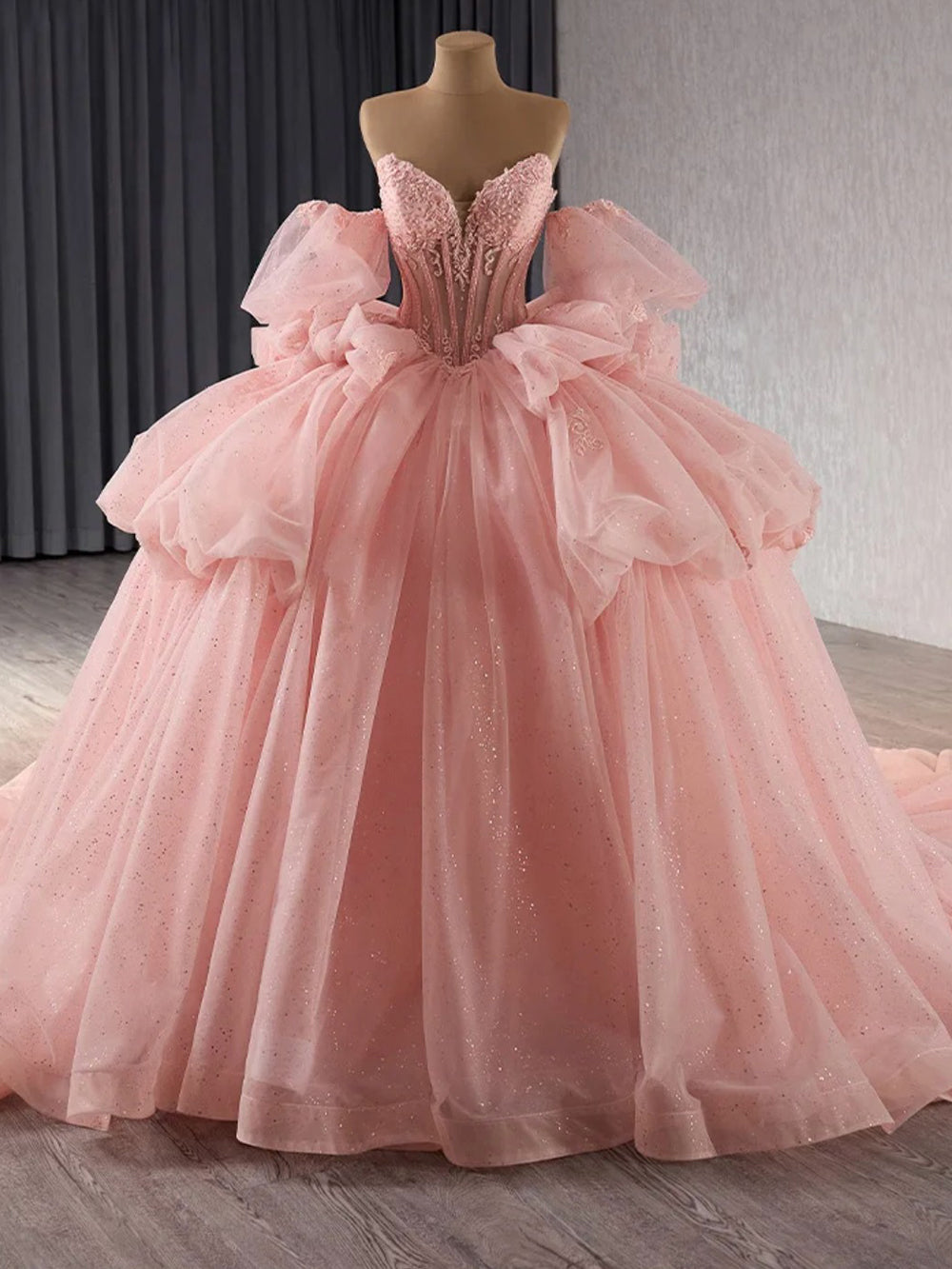 Princess Sweet 16 Strapless Quinceanera Dresses with Detachable Sleeves Ball Gown Ruffle Tiered Tulle Bow Birthday Prom Gowns