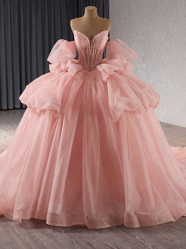 Strapless Detachable Sleeves Appliques Bow Knot Pink Quinceanera Dress for Sweet 16 WQ1255