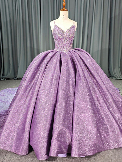 Sweet Purple Shiny Princess Quinceanera Dresses 3D Floral Ball Gown Spaghetti Straps Lace Tulle Corset vestido de quinceanera