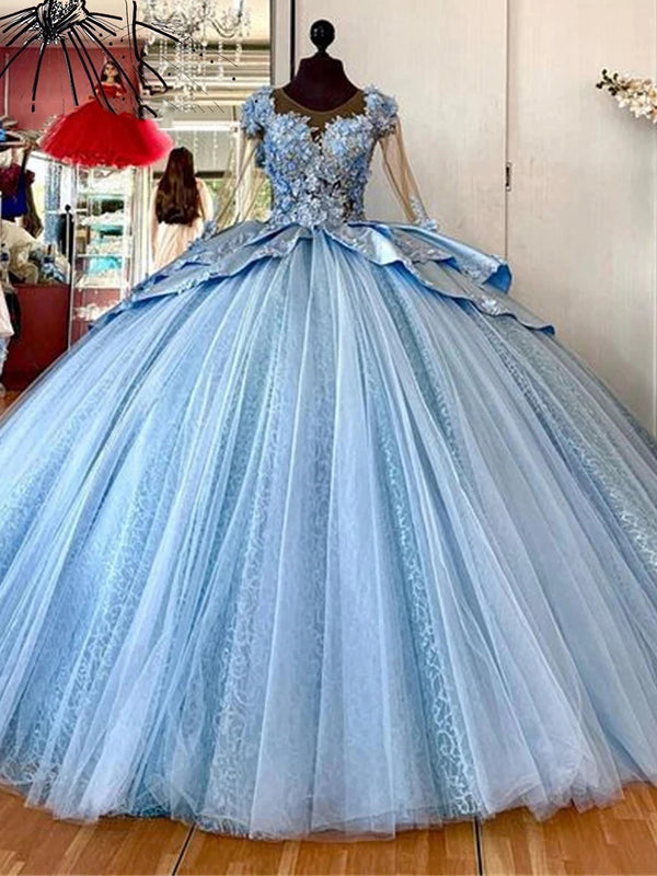 WQ1181 - Vestido de quinceañera moderno y elegante, con escote redondo, mangas largas, apliques de encaje con flores 3D, cuentas y tul azul escalonado, vestido de princesa para fiesta de dulces 16