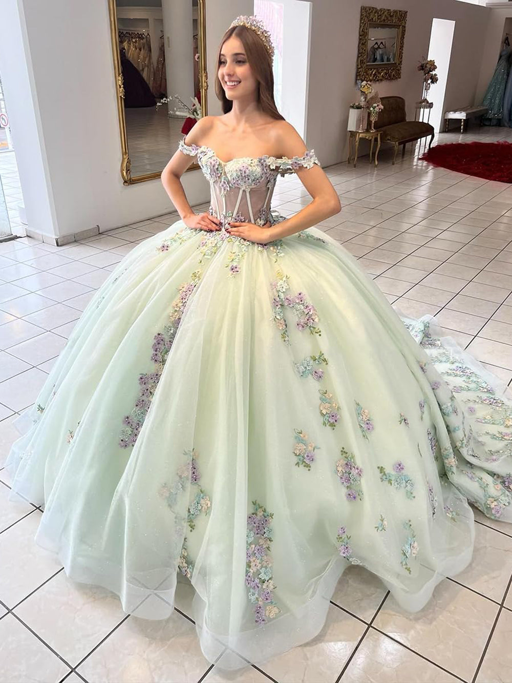 Mintgrünes Prinzessinnen-Ballkleid Quinceanera-Kleid, schulterfrei, Korsett, 3D-Blumen, Spitzenapplikationen, geschwollene Perlen, Sweet 16, Abschlussball, Partykleid