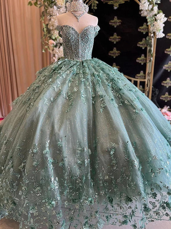 WQ1107 - Elegante vestido de fiesta con escote corazón, hombros descubiertos, apliques de encaje, tul verde escalonado, vestido de princesa para quinceañera, tul con cuentas para dulces 16
