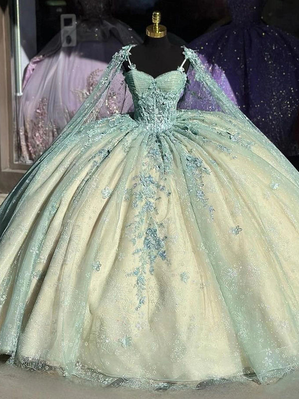 Mintgrüne Spaghettiträger Sweetheart Korsett Ballkleid Quinceanera Kleider mit Cape Applikationen Spitze Perlen Glitzer Tüll Sweet 16 Geburtstag Ballkleider