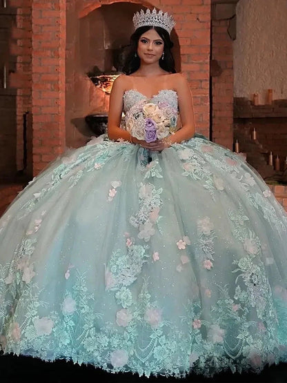 WQ1060 - Ball Gown Strapless Sleeveless 3D Flower Lace Appliques Sky Blue Tulle Quinceanera Dress for Sweet 16