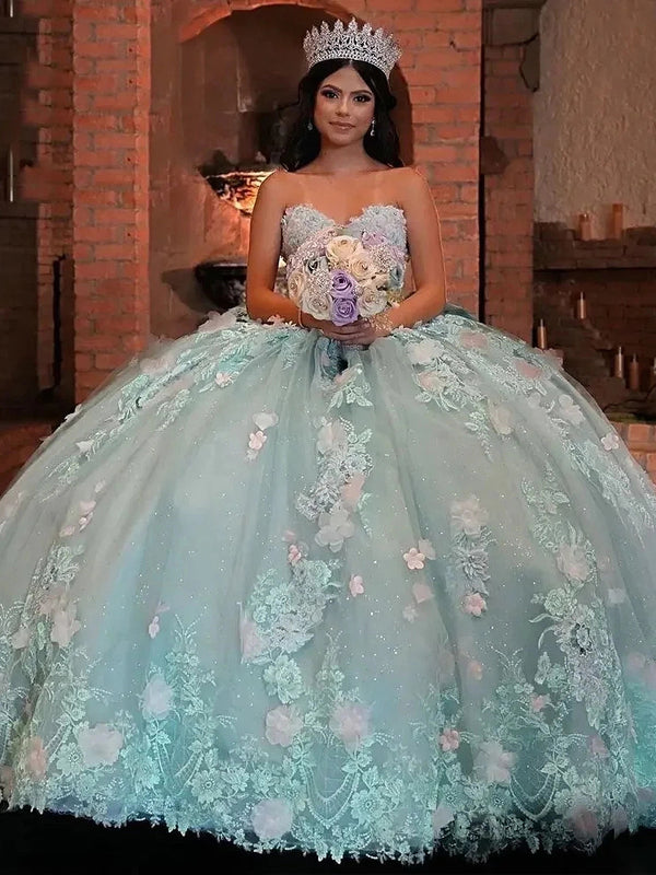 Spitzenapplikationen Quinceanera Kleid Ballkleid 2024 Blumen Schatz Trägerlos Glitzer Tüll Rüschen Perlen Prinzessin Sweet 16 Kleider