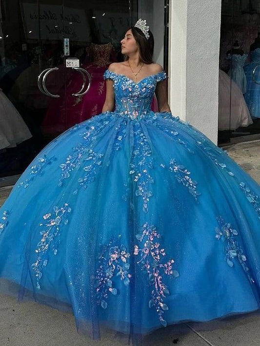 Blue Off Shoulder Ball Gown Quinceanera Dress for Girls Beaded Lace Appliques Corset Glitter Tulle Birthday Party Dresses Ball Gowns Sweet 15 16 Dress