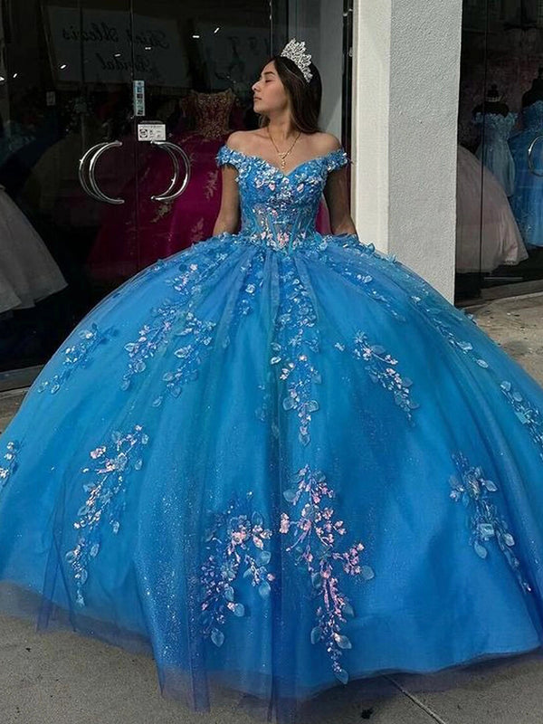 Blaues schulterfreies Ballkleid Quinceanera-Kleid für Mädchen mit Perlenspitze und Applikationen, Korsett, Glitzer, Tüll, Geburtstagspartykleider, Ballkleider, Sweet 15 16 Kleid