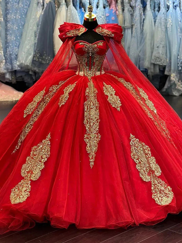 WQ1168 - Lujoso y magnífico vestido de quinceañera con escote corazón, mangas largas, apliques dorados y tul rojo, vestido para fiesta de cumpleaños de 16 años.