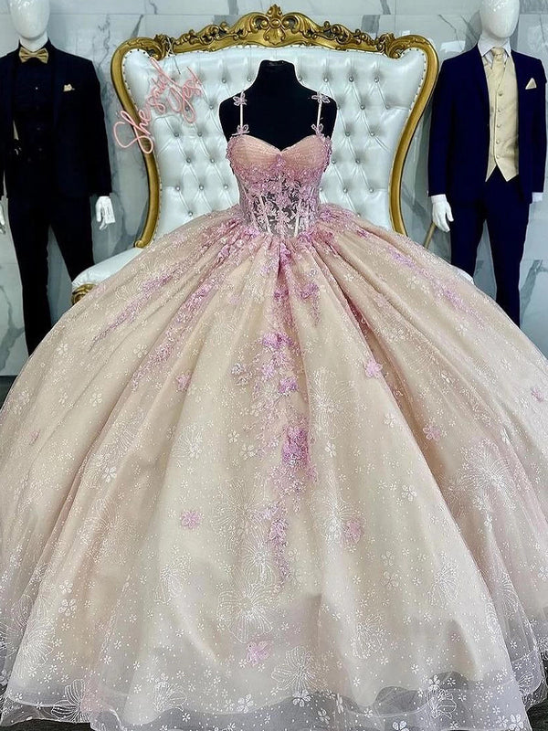 Glitzernde Spaghettiträger Quinceanera-Kleider Ballkleid Pailletten Spitzenapplikationen Herzausschnitt Korsett Tüll Prinzessin Geburtstagsparty Sweet 16 Kleid