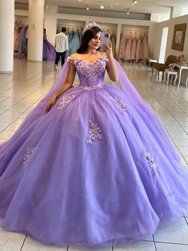 Lavendel Quinceanera Kleider Off the Shoulder Ballkleid 3D Blumenspitze Applikationen Puffy Tüll Perlen 2024 Süße 16 Kleider Party Ballkleider
