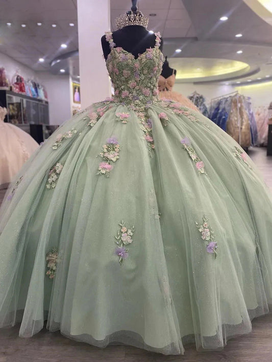 Sage Green Sweetheart Spaghetti Straps Quinceanera Dress Flower Lace Appliques Beaded Tulle Princess Sweet 15 Dresses Prom Dress Long Ball Gown