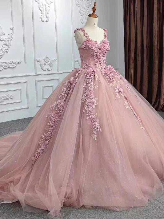 Rose Pink Flowers Appliques Lace Quinceanera Dresses Ball Gown Sparkly Tulle Off Shoulder Prom Dresses Sweet 15 16 Dresses for Women