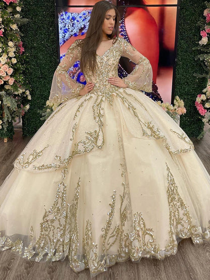 WQ1139 - Elegant & Gorgeous Ball Gown Sweetheart Long Sleeves Sequined Appliques Beaded Tiered Champagne Tulle Quinceanera Dress Princess Evening Party Gown for Sweet 16