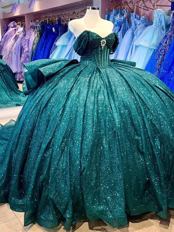 Smaragdgrüne funkelnde Quinceanera-Kleider Ballkleid schulterfrei abgestufte Rüschen Glitzer Tüll Sweet 16 Kleid Perlen Korsett Prinzessin Partykleider