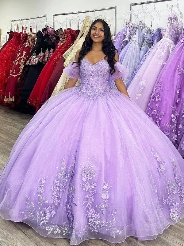 WQ1039 - Glamoroso vestido de fiesta con hombros descubiertos, apliques de tul brillante y encaje, mangas abullonadas, vestido de quinceañera de tul lila para dulces 16