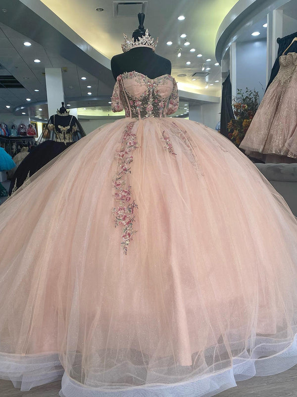 Hellrosa Blumenspitzenapplikationen Prinzessin Ballkleid Quinceanera Kleid 2024 Schatz Off Shoulder Korsett Perlen Tüll Party Sweet 16 Kleid