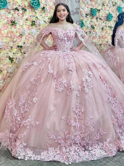 Rosa Prinzessin Sweetheart Korsett Ballkleid Off Shoulder Quinceanera Kleid Spitzenapplikationen Funkelnde Perlen Tüll Geburtstagsparty Kleider Sweet 16 Kleider