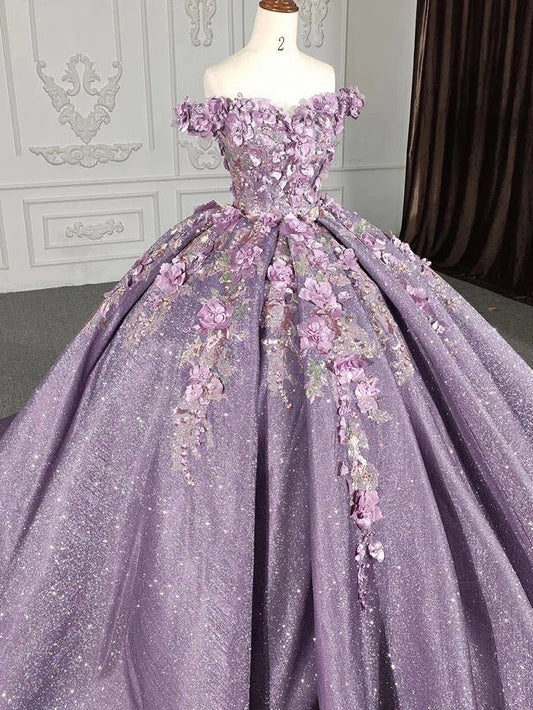 Purple Off Shoulder Quinceanera Dresses for Sweet 16 Princess Flowers Lace Appliques Beaded Glitter Birthday Prom Party Gowns