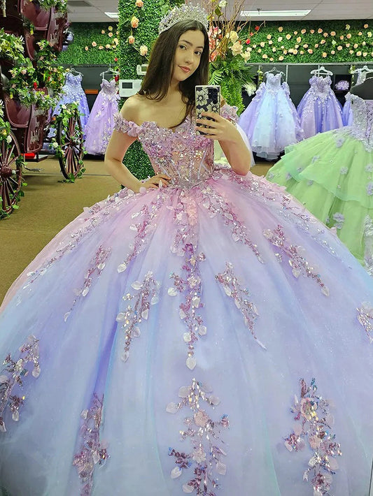 Sparkly Off Shoulder Princess Quinceanera Dresses Sweetheart Corset Ball Gown Appliques Beaded Glitter Tulle Prom Party Gowns Sweet 16 Dress