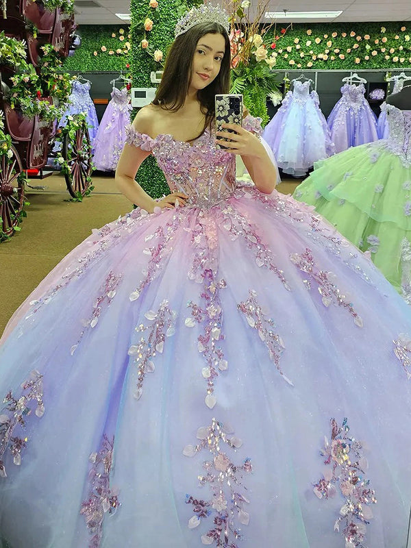 WQ1053 - Vestido de fiesta brillante con hombros descubiertos, apliques de tul con cuentas, estilo princesa, para quinceañeras y dulces 16