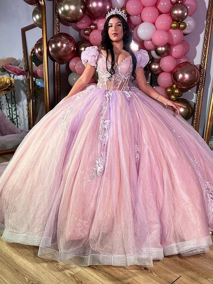 WQ1125 - Luxury Ball Gown Sweetheart Neck Puff Sleeves Lace Appliques Beaded Pink Tulle Princess Evening Party Gowns Quinceanera Dress for Sweet 16