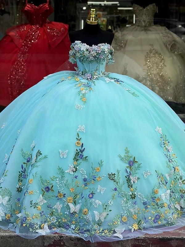 Schulterfreies Korsett Ballkleid Prinzessin Quinceanera Kleider Schmetterling Blumen Applikationen Funkelnde Perlen Tüll Ball Party Kleider Sweet 16 Kleid mit Schleppe