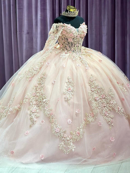 Pink Off Shoulder Princess Quinceanera Dresses Sweetheart Corset Ball Gown Flowers Appliques Beaded Tulle Long Sleeves Prom Party Gowns Sweet 16 Dress