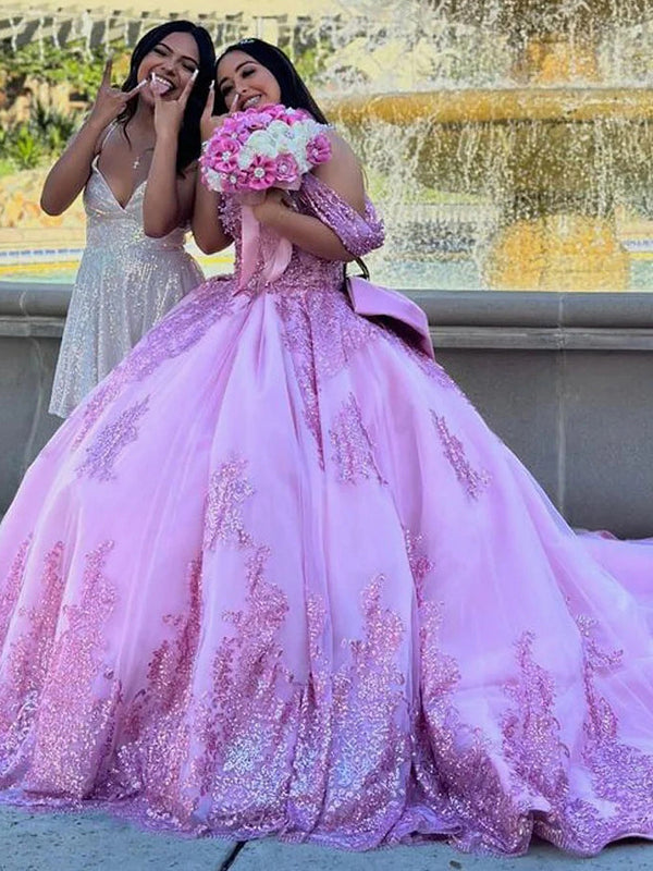 Off Shoulder Sleeveless Applique Beaded Purple Quinceanera Dress for Sweet 16 WQ1182