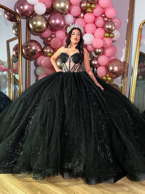 WQ1124 - Elegante y brillante vestido de fiesta con escote corazón, apliques de encaje y tul negro para quinceañera, vestido de princesa para fiesta de noche de dulces 16