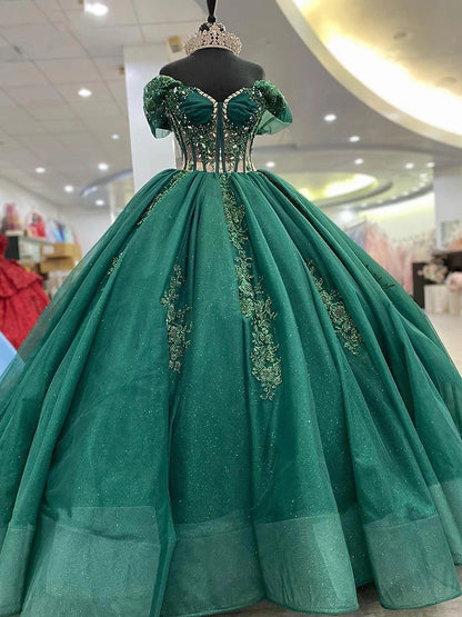 Smaragdgrüne Quinceanera-Kleider Blumen Spitzenapplikationen Schulterfrei Herzförmiger Ausschnitt Korsett Perlen Glitzer Tüll Puffy Prinzessin Sweet 15 16 Kleid Ballkleid