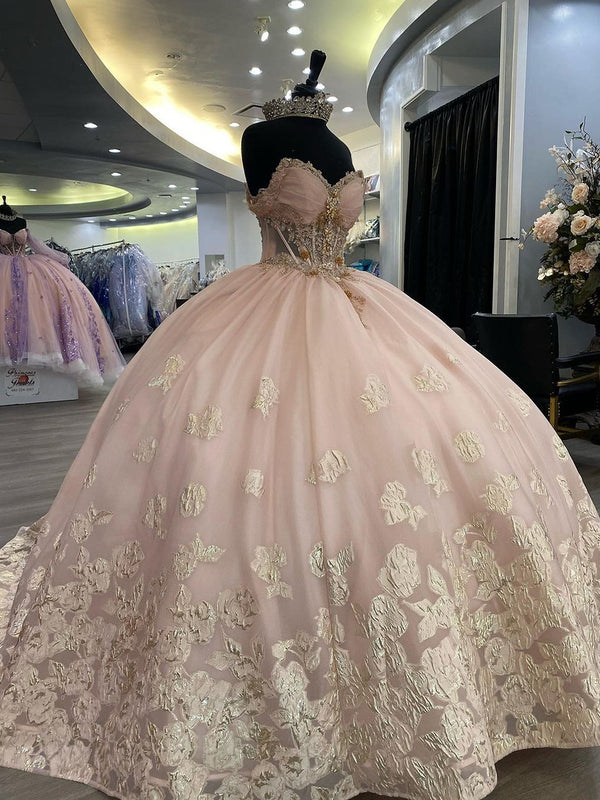 Rosa Off the Shoulder Sweetheart Korsett Ballkleid Spitzenapplikationen Perlen Tüll Sweet 16 Kleid Prinzessin Quinceanera Kleider Abschlussball Party Kleider