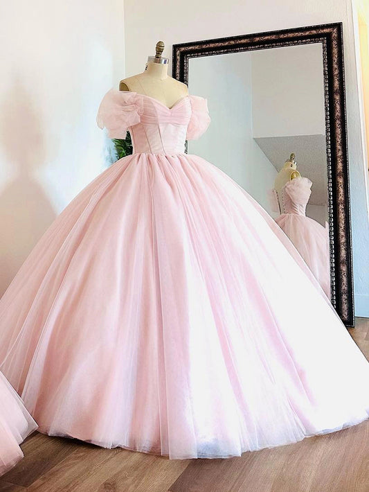 Rosa Prinzessin Quinceanera Kleider Ballkleid Tüll Schulterfrei Puffärmel A Linie Herzausschnitt Lange Ballkleider Sweet 16 Kleid