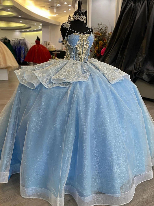 Sky Blue Sweetheart Quinceanera Dresses Corset Flowers Lace Appliques Beaded Glitter Tulle Tiered Ruffles Princess Prom Party Gowns Sweet 16 Dress