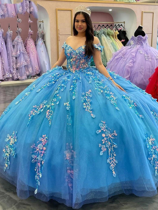 Blaue Quinceanera-Kleider, 3D-Blumenspitze, Applikationen, schulterfrei, Perlenkorsett, funkelnder Tüll, Sweet 16 Princess Birthday Party Prom Ballkleid