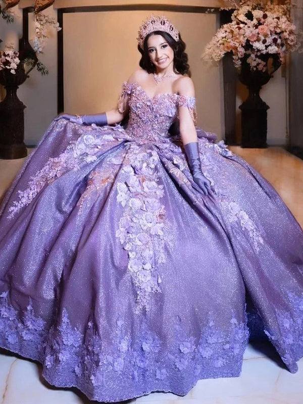 Off Shoulder Sleeveless Beaded 3D Floral Applique Ruffles Purple Sequins Quinceanera Dress for Sweet 16 WQ1197