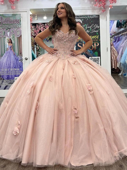 WQ1119 - Cute & Chic Ball Gown Sweetheart Neck Flower Lace Appliques Beaded Pink Tulle Birthday Party Gown Quinceanera Dress for Sweet 16