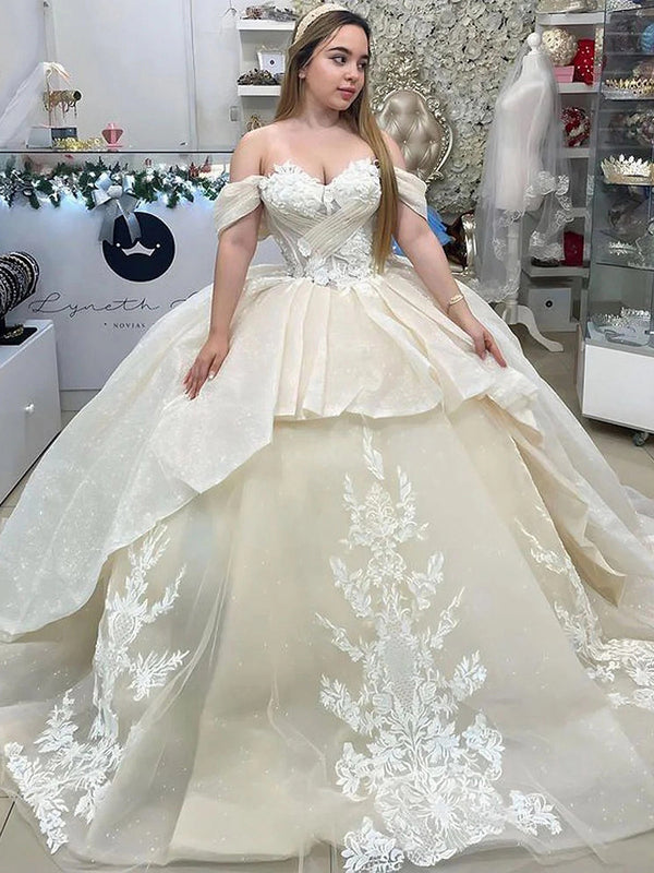 WQ1171 - Elegante y glamoroso vestido de fiesta con hombros descubiertos, apliques de encaje, volantes escalonados, pliegues de tul, vestido de quinceañera, vestido formal de fiesta de noche para dulces 16